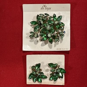 Rare VTG Du Boyes Green & Aurora Borealis Rhinestone Brooch Earring Set - 1960’s - Picture 1 of 4