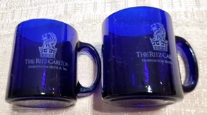 2 Used Ritz Carlton Huntington Hotel & Spa Cobalt Blue Etched Coffee Mugs / Cups - Picture 1 of 6