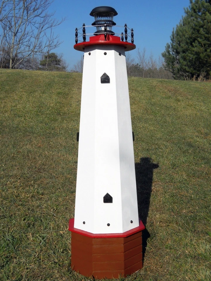 Well pump cover wooden lighthouse with solar light - 4 ft tall - red accents - Image 1 of 4