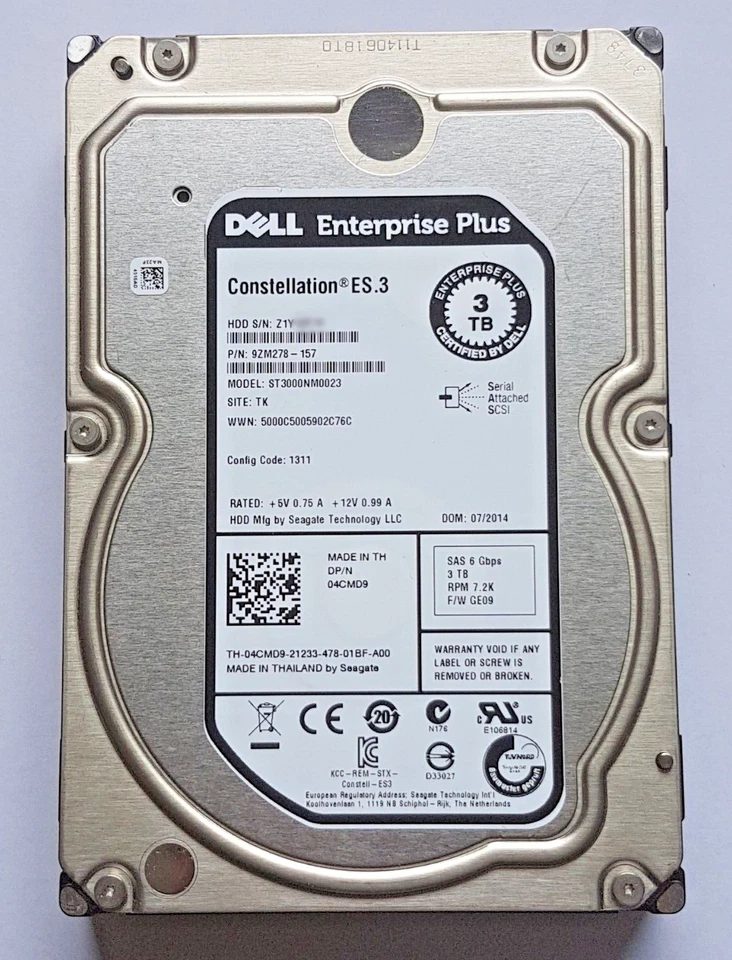 3 SAS Dell Constellation ES.3 ST3000NM0023 7200rpm 128MB HDD 3.5 " Hard Drive - Image 1 of 1