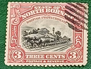 North Borneo 3 c Railroad Station Black Red Used Very Fine 1909 - Picture 1 of 2