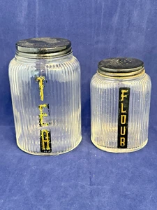 2 Vintage Owens Illinois Clear Canisters Ribbed Hoosier Glass Tea & Flour Shaker - Picture 1 of 5