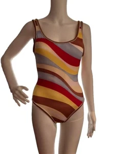Neu mit Etikett einfarbiger & gestreifter einteiliger Badeanzug wirbelndes mehrfarbiges Design XS - Bild 1 von 9