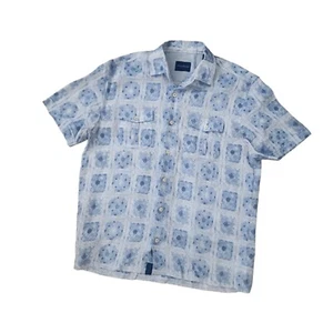 Camisa de campamento hawaiana Tommy Bahama 100 % lino talla grande azulejos geométricos botones. - Imagen 1 de 9
