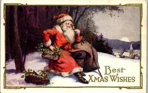 Vintage Christmas Postcard Santa in the Woods with Toy Bag Satchel Xmas 1925 - Picture 1 of 3