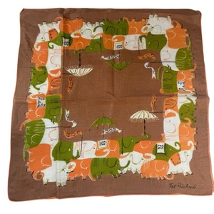 Vintage Pat Prichard Elephant GOP Fine Cotton Handkerchief Orange & Green 14.5” - Picture 1 of 9