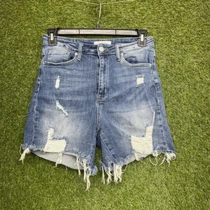Risen Jean Shorts Womens Large Distressed Hot Cut Off Booty Distressed Stretch - Picture 1 of 11