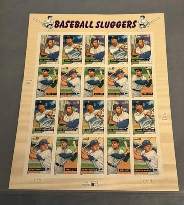 2006 39 Cent Baseball Sluggers Full Sheet of 20 USA Stamps Mickey Mantle Yankees - Image 1 of 2