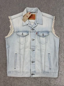 Levi's Denim Vest Mens Large Light StoneWash Sleeveless Frayed Trucker Jacket - Picture 1 of 11