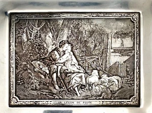 VTG SILVER PLATED FRENCH F. BOUCHER THE FLUTE LESSON JEWELRY TRAY 9", c1930 vg - Picture 1 of 8