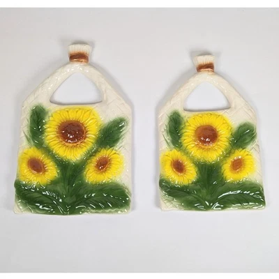 Juego de par de arte de pared colgante vintage de cerámica girasol amarillo y verde Foto 1 de 4