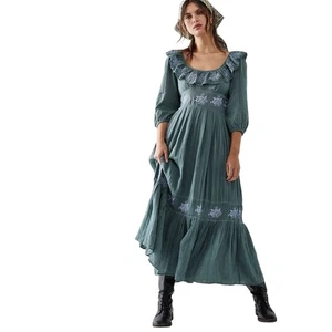 Maxi Vestido Free People Talla Pequeña Verde Lovers Lane Mangas 3/4 100% Algodón  - Imagen 1 de 14