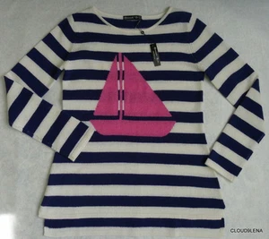 HANNAH ROSE 100% Cashmere Size L Nautical Boat Striped Stepped Hem Soft Sweater - Picture 1 of 12
