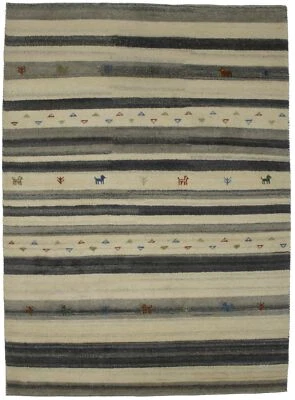 Indo-Gabbeh Oriental Rug Handmade Modern Stripes Tribal Décor Carpet 5X7 ft - Image 1 of 4