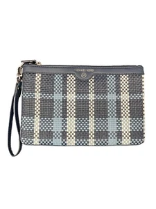 Michael Kors Jet Set Charm Large Zip Pouch Wristlet Weaved Navy Blue Multi Plaid - Picture 1 of 8