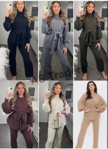 Womens Cozy Chunky Knit Loungewear Set High Neck Tie Waist Ribbed Tracksuit - Picture 1 of 8
