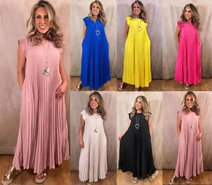 Womens Summer Beach Pocket Dress Party Holiday Pleated Maxi Dresses Plus Size UK - Picture 1 of 12
