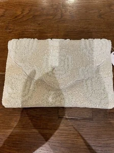 LCD White Beaded fold purse W/ Chain NWT 6X10 Handcrafted - Picture 1 of 10