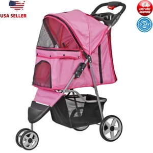 3 Wheels Dog Stroller Folding Small Medium Cats Puppies Storage Basket Cup Holde - Picture 1 of 7
