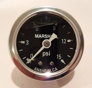 Marshall Gauge 0-15 Psi Fuel Pressure Gauge Black 1.5" Diameter (Liquid Filled) - Picture 1 of 4