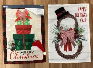 Christmas Holiday Presents Snowman Garden Flag Double Sided 2 Pc Set 3D Accents - Picture 1 of 9