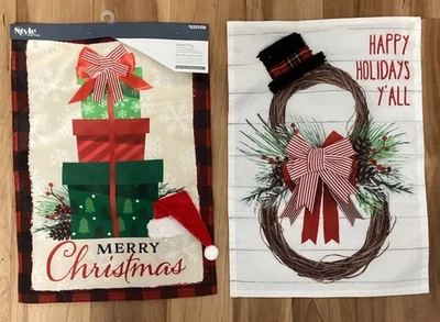 Christmas Holiday Presents Snowman Garden Flag Double Sided 2 Pc Set 3D Accents - Image 1 of 4