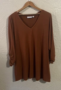Susan Graver Tunic Top Womens L V-Neck Brown Ruched Sleeve Liquid Knit Packable - Picture 1 of 8
