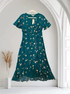 Mi Ami Damen Blumen Faux Wickelkleid Größe Small Knopfleiste Waldgrün Neu mit Etikett - Bild 1 von 22