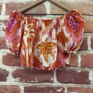 C&C California Crop Top Shirt Womens S Linen Blend Boho Abstract Puff Sleeves - Picture 1 of 9
