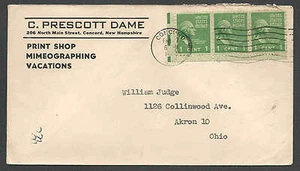 Ca 1952 COVER #804 PREXY 1c X 3 STRIP W/FULL CORNER SELVAGE  - Picture 1 of 1