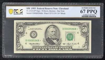 FR. 2125-D* 1993 $50 *STAR* FRN CLEVELAND, OH PCGS BANKNOTE GEM UNC-67PPQ (R) - Image 1 of 2