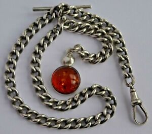Fantastic antique solid silver pocket watch albert chain with silver & amber fob