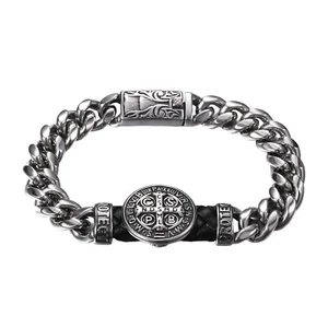 Men's Catholic St Benedict Medal Bracelet Stainless Steel Heavy Cuban Link Chain - Picture 1 of 6