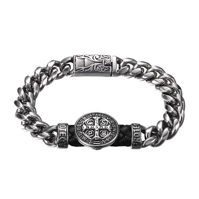 Men's Catholic St Benedict Medal Bracelet Stainless Steel Heavy Cuban Link Chain - Image 1 of 4