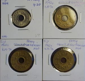 Fiji Islands Lot (4) Half Penny 1954; Penny 1942 S (3) WWII San Francisco Mint - Picture 1 of 12