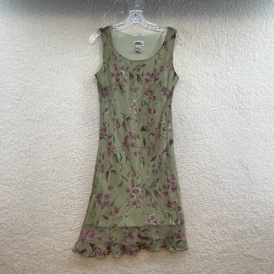90s Y2K Vintage Midi Dress Large 10 Petite Pistachio Green Floral Chiffon Mesh - Image 1 of 4