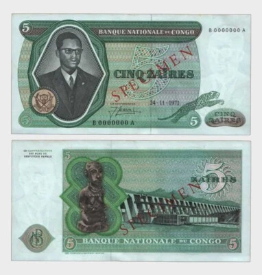 Zaire - Congo - 1971 - 5 Zaires - SPECIMEN - "aUNC"  #CO5637 - Image 1 of 4