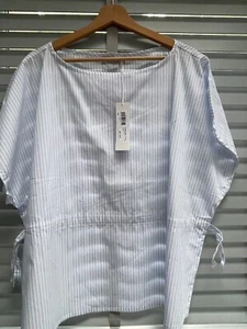 STEFANEL Stripe Blouse XL Ladies White Blue Short Sleeve Oversized Top Shirt £90 - Picture 1 of 13