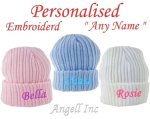 SOMBRERO DE BEBÉ PERSONALIZADO POM POM TEJIDO INVIERNO BLANCO ROSA AZUL REGALO recién nacido 0-12m - Imagen 1 de 12