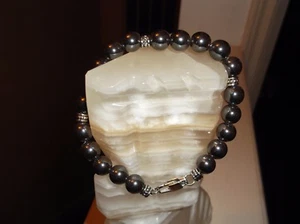 Men's Handmade 8 1/2" 10 mm Black Hematite Beaded Bracelet - Picture 1 of 9
