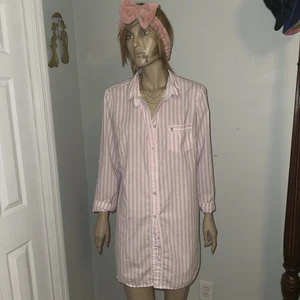 Victoria’s Secret Iconic Pink White Striped Sleep Shirt ButtonDown Nightgown LRG - Picture 1 of 11
