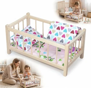 CAMA DE MADERA PARA MUÑECAS Montessori con ROPA DE CAMA corazos COLCHÓN de haya - Imagen 1 de 6