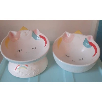 Erhöhte Keramik Haustier Näpfe Regenbogen Einhorn Set Katze oder kleiner Hund Hocc Pet  - Bild 1 von 4