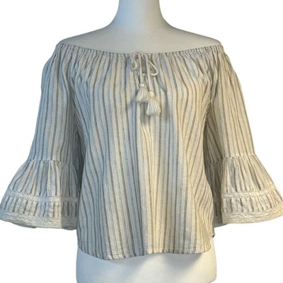 Lovestitch Boho Off-Shoulder Ruffle Half Sleeves Top Women M Ivory Tan Stripe - Image 1 of 4