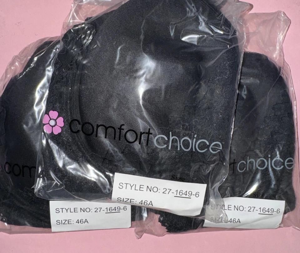 Sutiã 46A Comfort Choice preto com aro, ajustável, detalhes de renda novo com etiquetas conjunto de 3 - Imagem 1 de 4