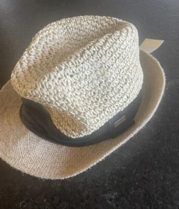 Steve Madden Damen hellbraun gewebtes Fedora schwarzes Band zwei Texturen Floppy - Bild 1 von 5