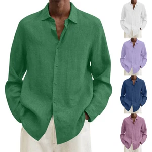Mens Linen Cotton T Shirt Men Plain Casual Short Sleeve Button Summer Tee Tops - Picture 1 of 24