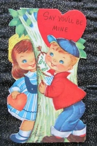 Vintage Unused GIBSON Valentine Card BOY & GIRL CARVE I LOVE YOU ON TREE - Picture 1 of 3