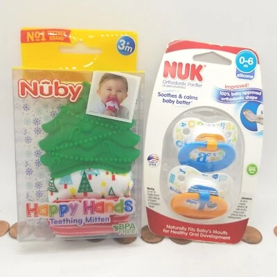 Happy Hands Teething Mitten Nuby Bpa Free Tree & NUK ORTHODONTIC PACIFIER New - Image 1 of 4