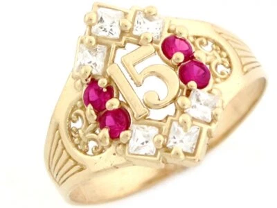 10k or 14k Yellow Gold Simulated Ruby and CZ Birthstone Quinceanera 15 Anos Ring - Image 1 of 4